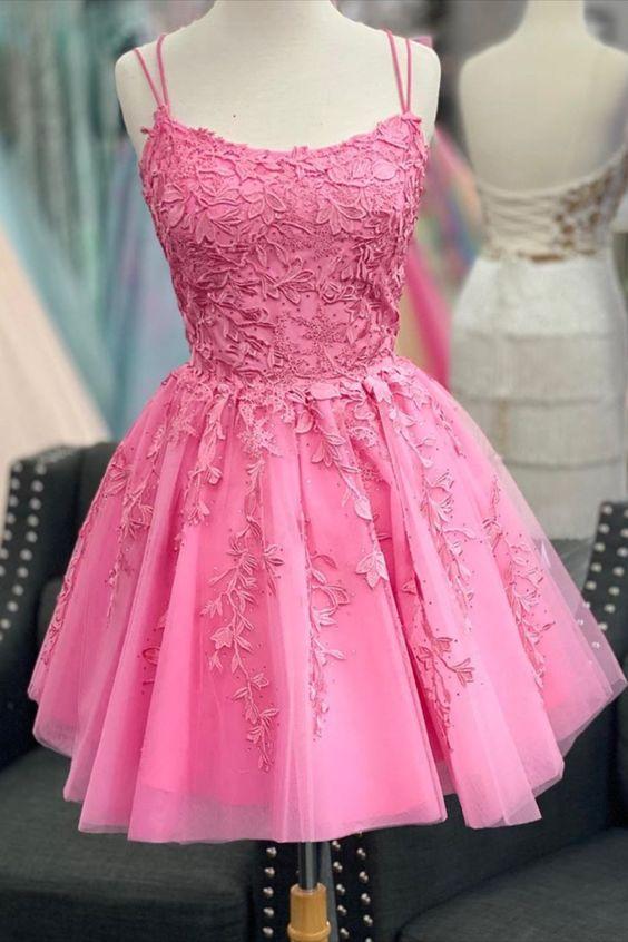 A-Line Hot Appliqued Short Pink Homecoming Dresses Amani Lace 16st Birthday Dress 16026