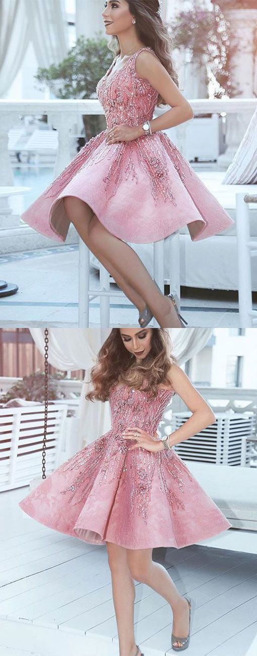 V Neck Short Homecoming Dresses Lauryn Pink Dress With Beading 16742