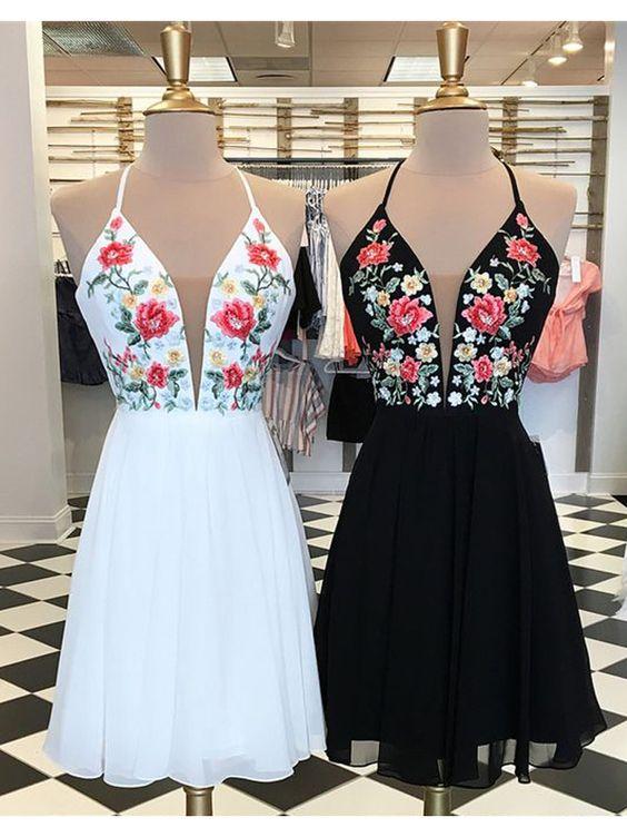 V Neck Cross Back Homecoming Dresses A Line Shannon Embroidery White Short Flower Mini 16770