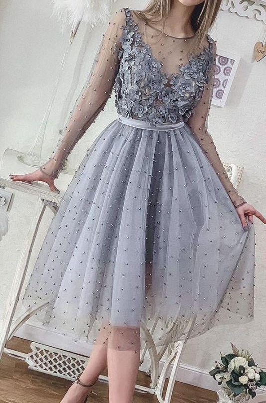 Short Silver Grey Pearls Long Sleeve Cocktail Homecoming Dresses Danica Lace Appliqued Beads Mini Party Dresses Cheap Formal Gowns 1766