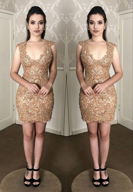 Homecoming Dresses Brooklynn Lace Elegant Gold Short 18936