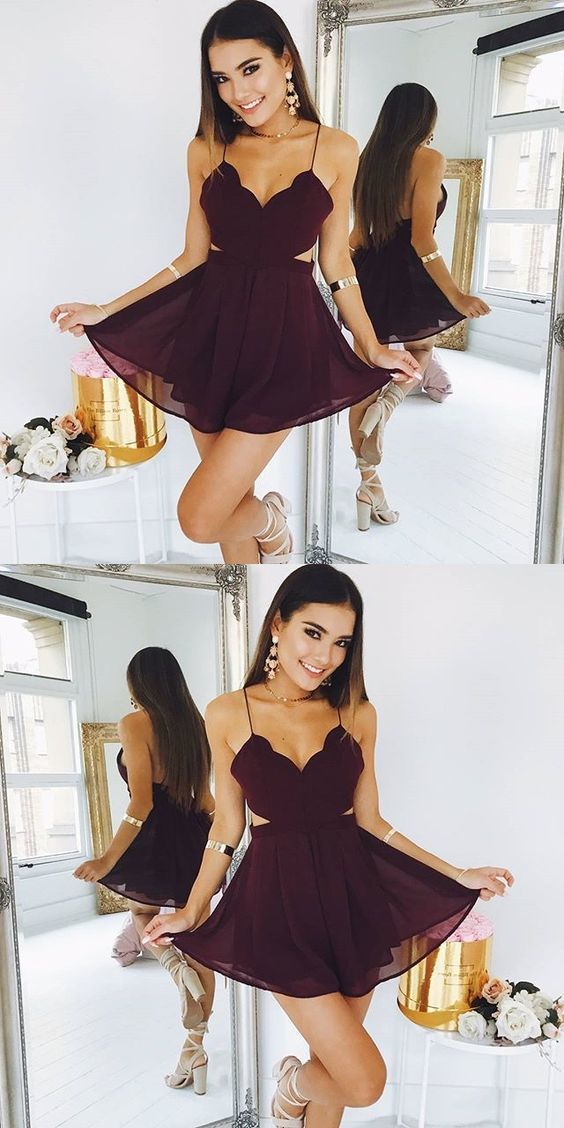 Homecoming Dresses Elena Chiffon Cute Burgundy Party Dress Spaghetti Strap Backless Cheap 19