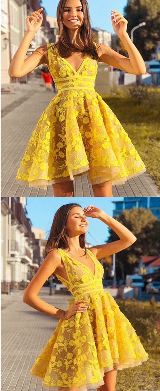 Gorgeous Custom Homecoming Dresses Jazlynn Made A-Line V-Neck Yellow 190