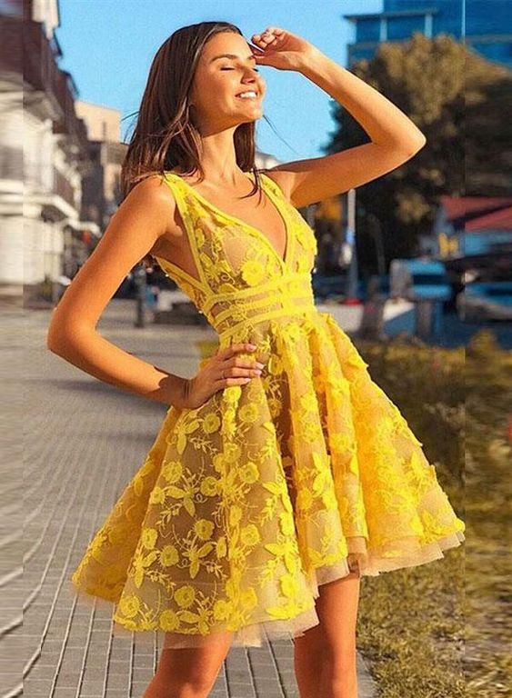 Gorgeous Custom Homecoming Dresses Jazlynn Made A-Line V-Neck Yellow 190