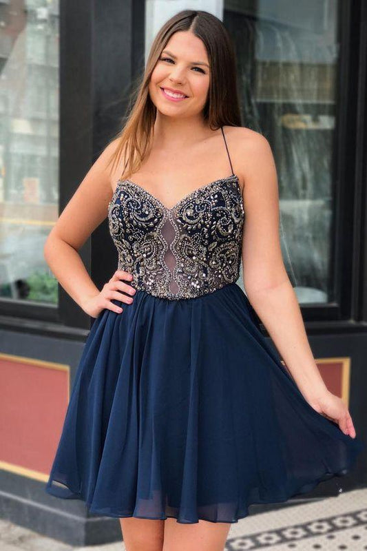 Straps Short Kelsie Homecoming Dresses Navy Blue 2024 1929