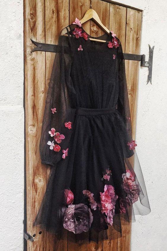 Cute Black Tulle Homecoming Dresses Jacquelyn Round Neck Short With Flower 1984