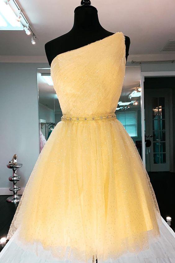 Princess Short One Shoulder Homecoming Dresses Audrey Yellow Party Dress 20551