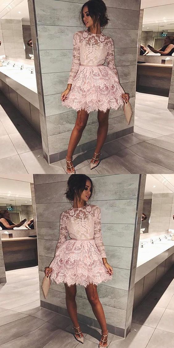 Short Long Sleeves Lace Pink Mylie Homecoming Dresses Short Dresses Tiered Short With Sleeves 210