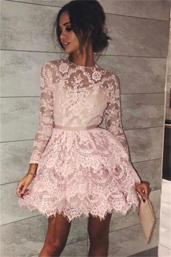 Short Long Sleeves Lace Pink Mylie Homecoming Dresses Short Dresses Tiered Short With Sleeves 210