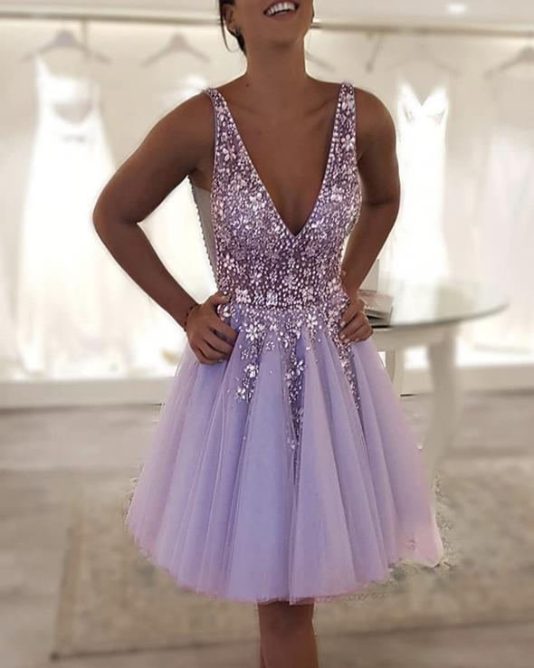 Beaded Tulle Cheryl Homecoming Dresses V Neck 21452