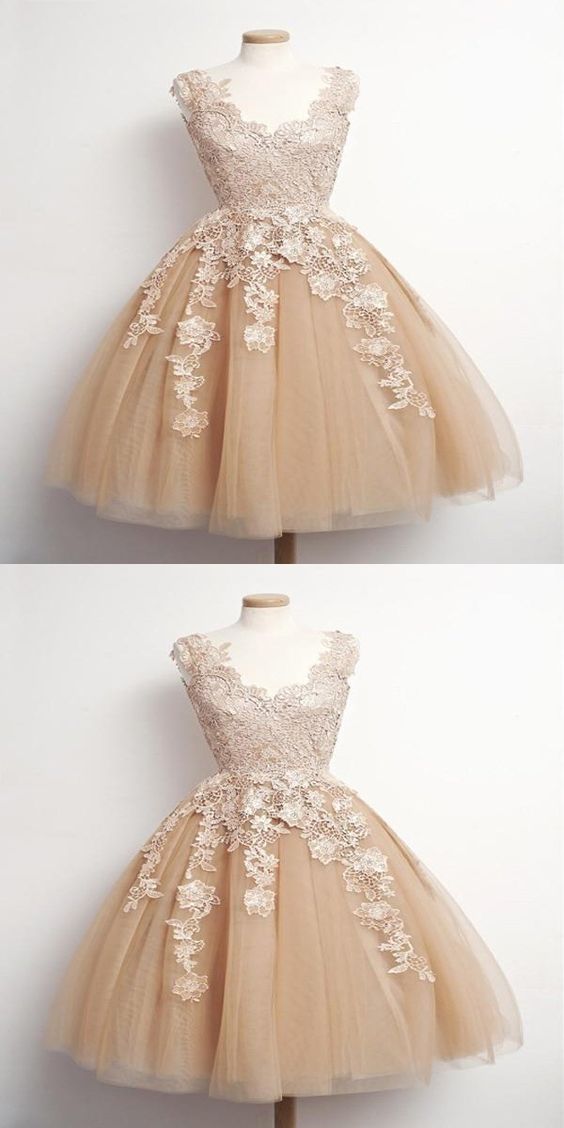 A-Line Sleeveless Champagne Homecoming Dresses Payten Short Appliqued Tulle 2165