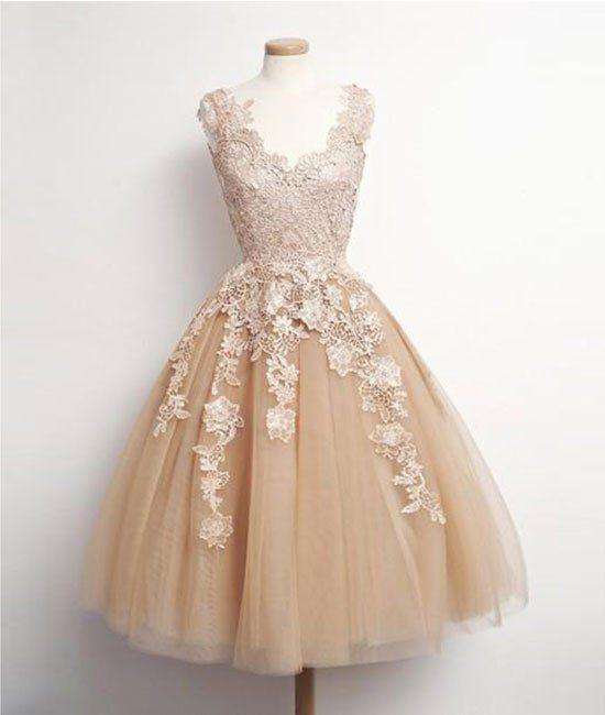 A-Line Sleeveless Champagne Homecoming Dresses Payten Short Appliqued Tulle 2165