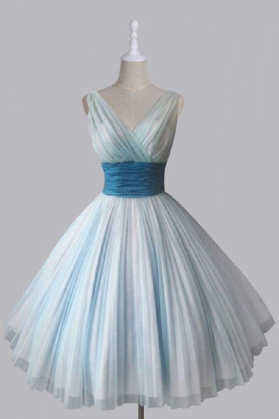 Vintage Short V-Neck 50s Light Sky Blue Nell Chiffon Homecoming Dresses Party Dress 2259