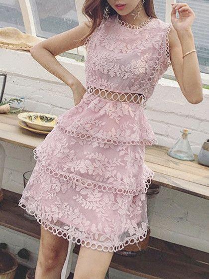 Cut Out Detail Sleeveless Lace Homecoming Dresses Aleah Pink Layered Sheer 22874