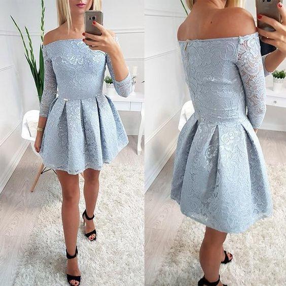 Light Eleanor Homecoming Dresses Lace Blue Off Shoulder Long Sleeve Simple 23169