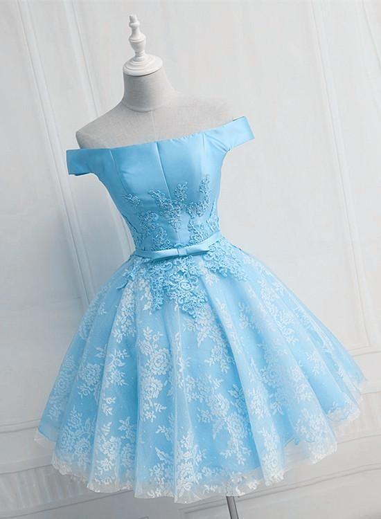 Light Blue And Short Party Dress Blue Lace Satin Stacy Homecoming Dresses 24265