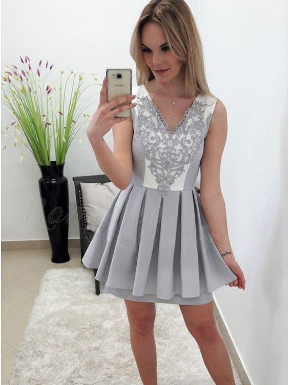 A-Line V-Neck Above-Knee Grey With Appliques Pleats Karma Homecoming Dresses 24456