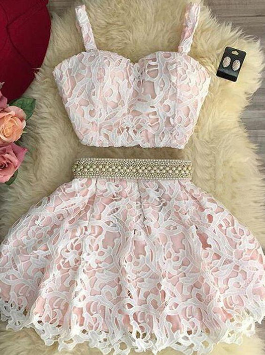 Cute Short Two Pieces Lace Pink Magdalena Homecoming Dresses 244