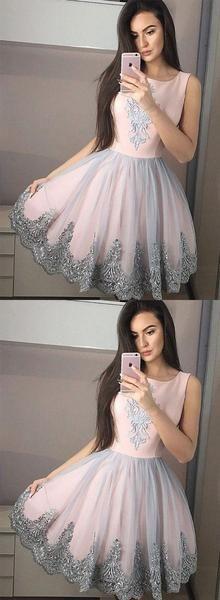 Round Neck Tulle Short Lace Homecoming Dresses Pink Aryanna 245