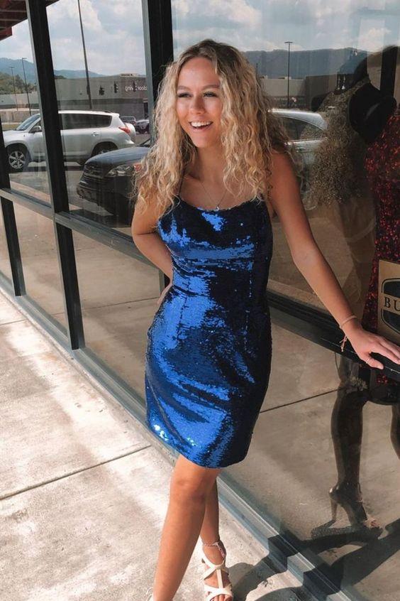 Navy Blue Sequins Wendy Homecoming Dresses 24534