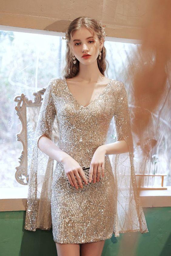 Tight Gold Sequins Party Dress With Flare Long Dakota Homecoming Dresses Sleeves 24696