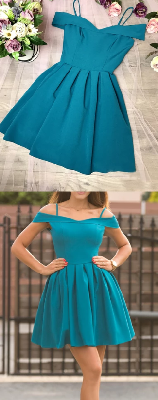 Homecoming Dresses Jewel Satin Turquoise Off Shoulder Spaghetti Strap 2510