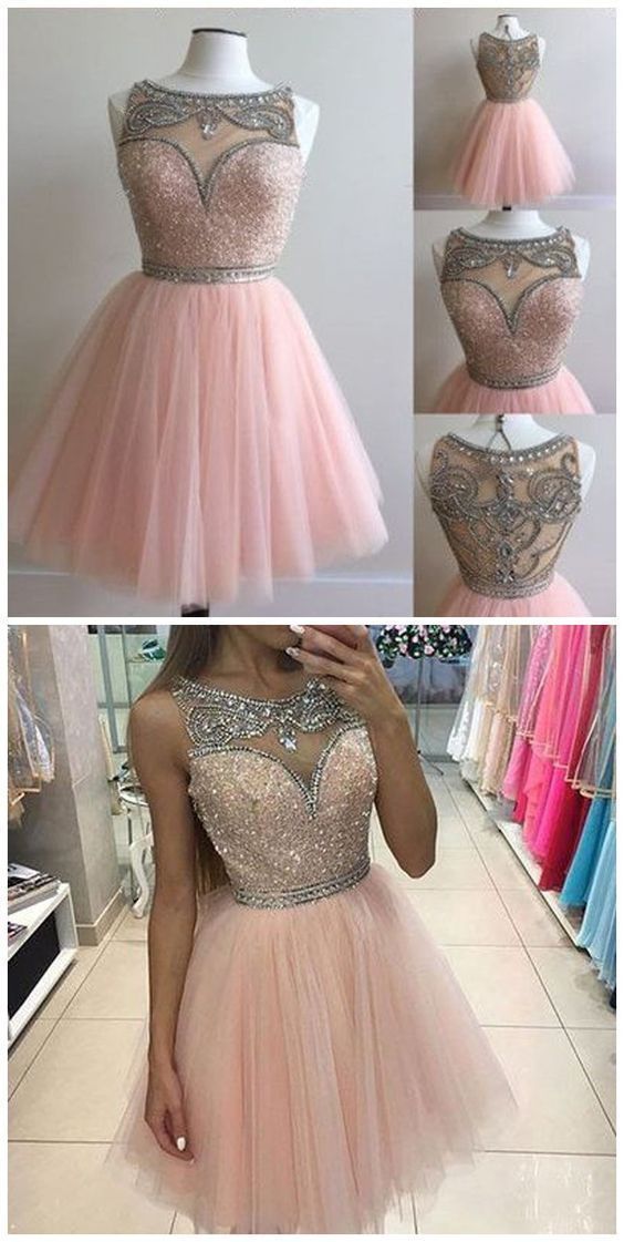 Round Neck Beading Short Pink Homecoming Dresses Tori 266