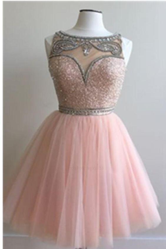 Round Neck Beading Short Pink Homecoming Dresses Tori 266