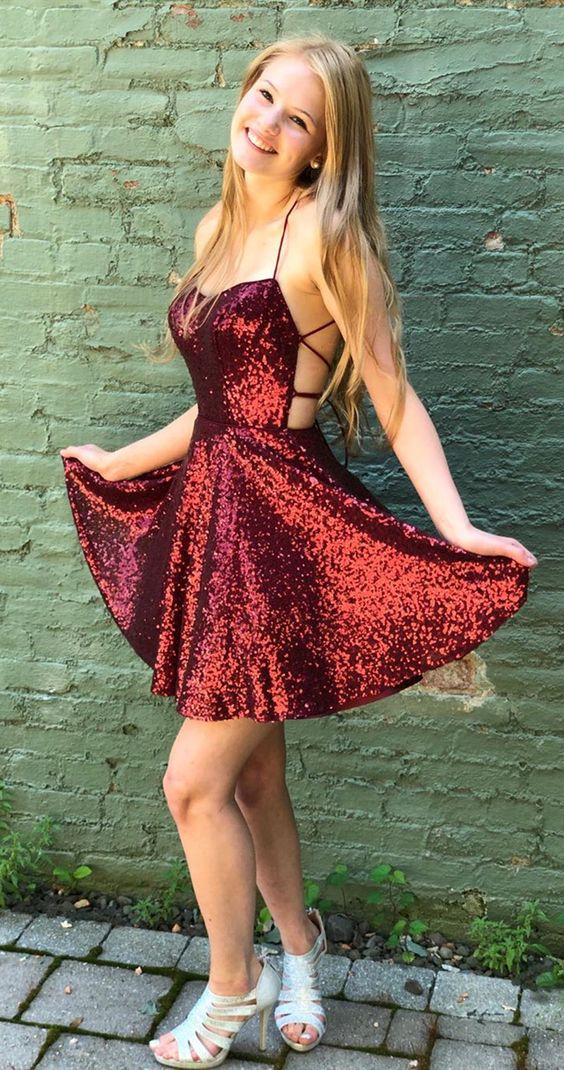 Criss Cross Straps Back Burgundy Sequins Homecoming Dresses Valery A Line 2780