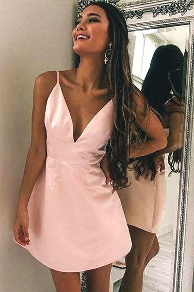 Simple V Neck Ashlynn Satin Homecoming Dresses Pink Short 2850