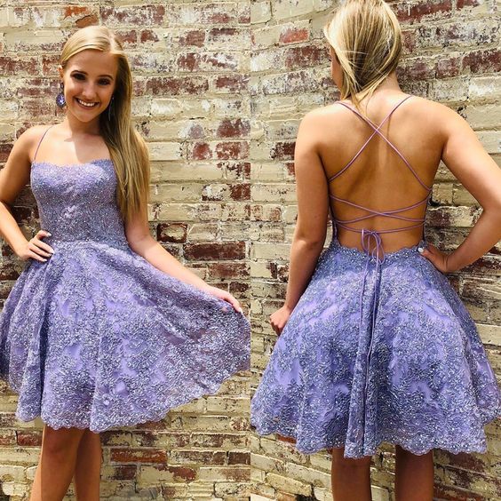 Elise Homecoming Dresses Lace Cute Straps Purple Short 3014