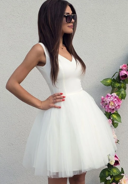 White Monique Homecoming Dresses V Neck Tulle Short Dress 3030