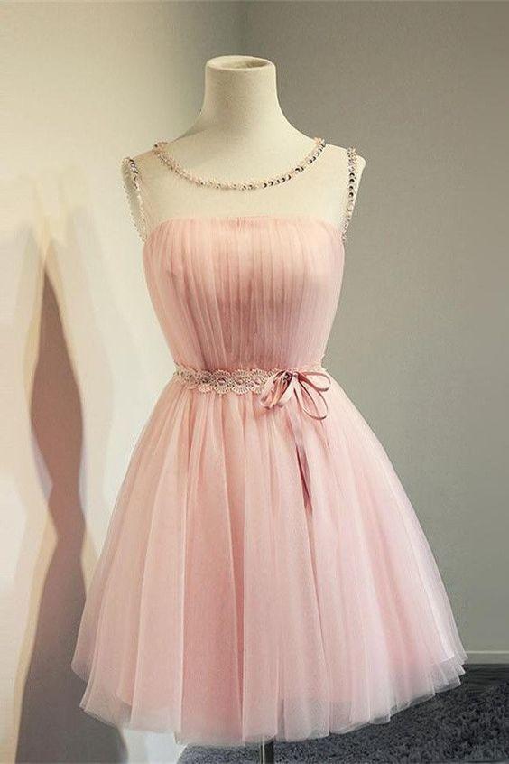 Round Neck Simple Jan Homecoming Dresses Pink Tulle Short 3126