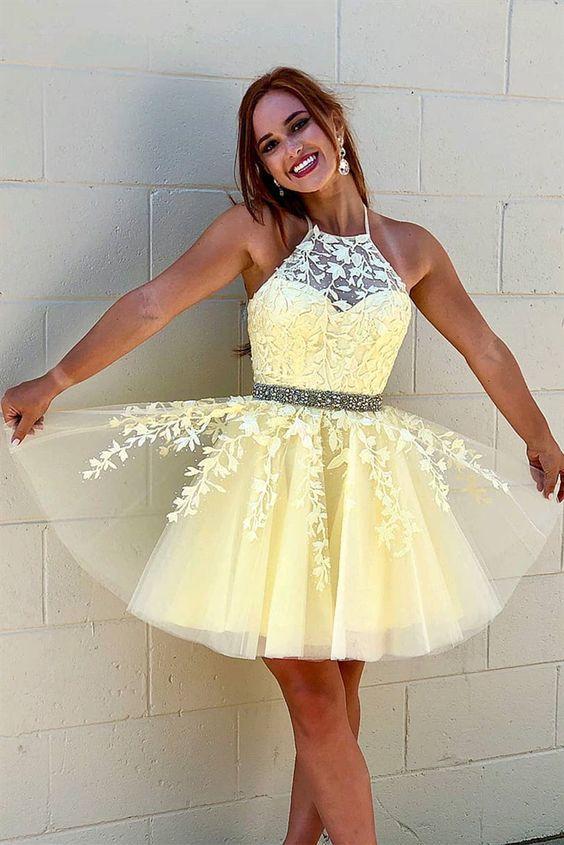 Jewel Up Back Yellow With Appliques Lace A Line Homecoming Dresses Karina Beading 3338