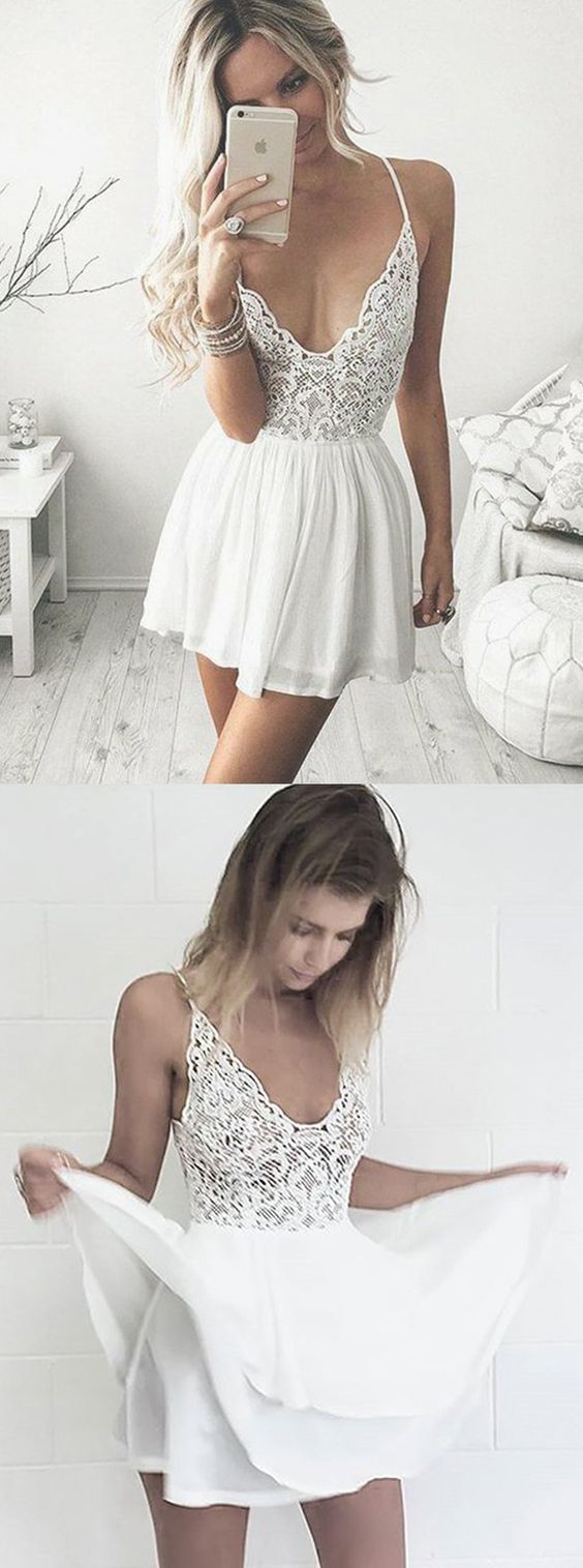 A-Line Spaghetti Lace Tara Homecoming Dresses Cocktail Chiffon Straps Short White Dress With Short 344