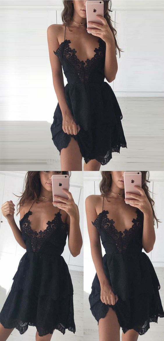 Philippa Homecoming Dresses Lace Black Sexy A-Line Deep V-Neck Black 349