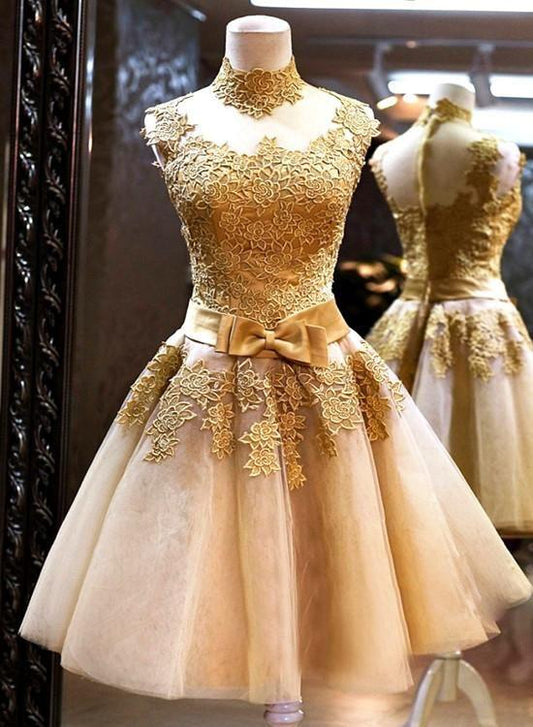 Gold Homecoming Dresses Alessandra A-Line High-Neck 359