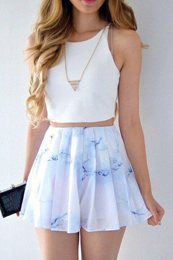 Two Piece Bateau Margaret Homecoming Dresses Chiffon Short Printed White 368