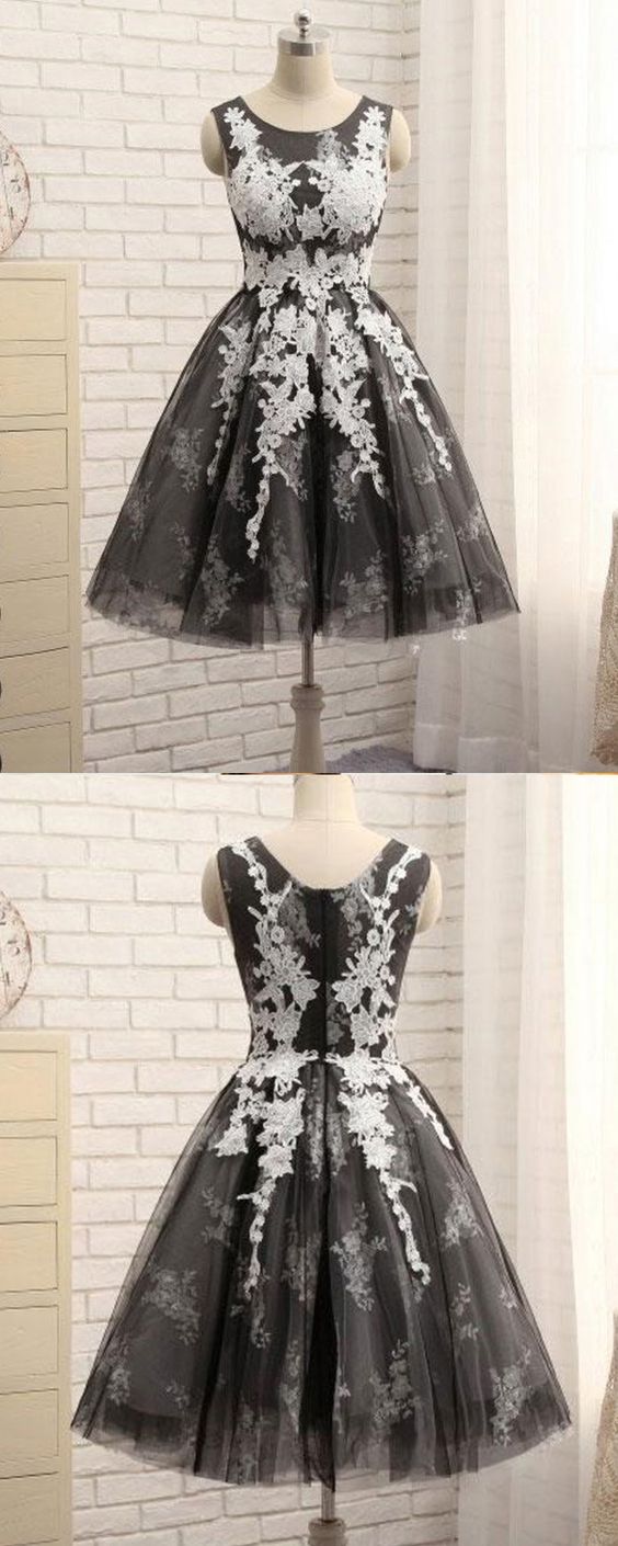 Scoop Neck White & Black Appliqued Lace Hailee Homecoming Dresses A-Line 3853