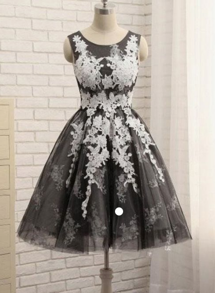 Scoop Neck White & Black Appliqued Lace Hailee Homecoming Dresses A-Line 3853