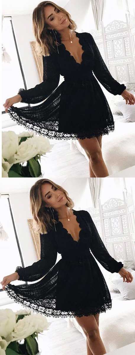 Romantic Deep Neck Long Sleeves Short Lace Ellie Homecoming Dresses Black 390