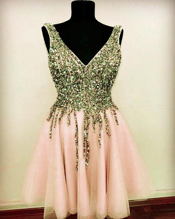 Short Hailey Homecoming Dresses Tulle V Neck Sequin Beaded 4001