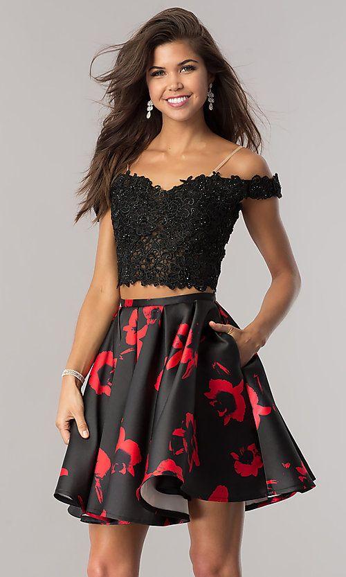 Black And Red Two-Piece Print Homecoming Dresses Allie Short 4039