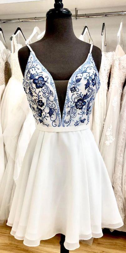 Cute Short Alisson Homecoming Dresses Whtie And Blue Floral Embroidery Short Dress 4047