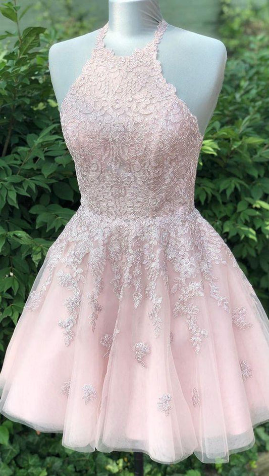 Pink Lace Homecoming Dresses Glenda Formal Short For Teens Halter Senior Dresses 4092