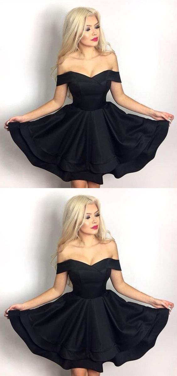 Chic V-Neck Off Kenzie Satin Homecoming Dresses Shoulder Ruffle Short Black 421