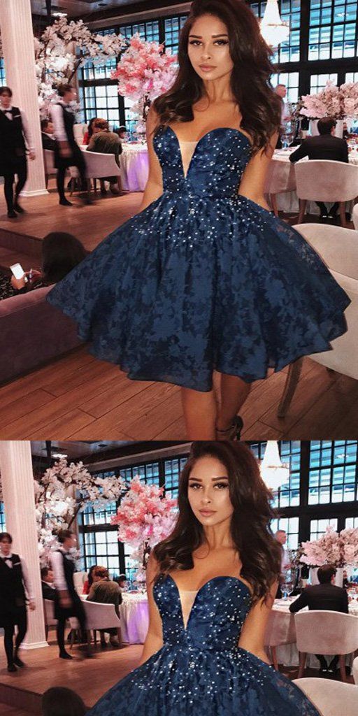 Dark Blue V-Neck Araceli Lace Homecoming Dresses Pearl Cheap Short 426