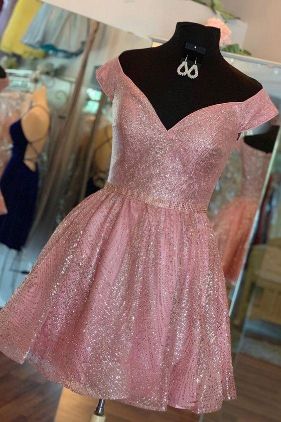 Pink Angelina Homecoming Dresses Off The Shoulder Short With Sequins 4284