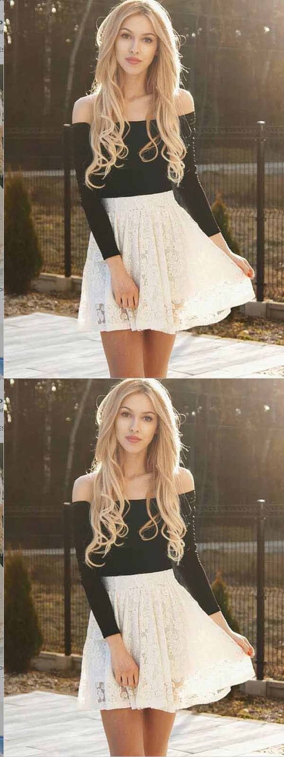 Two Piece Long Sleeves Lace Homecoming Dresses Ivory Nicky Short 429