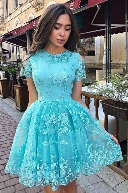 Formal Short Short Sleeves Graduation Party Dresses Simple Toni Homecoming Dresses Lace Blue For Teens 4445